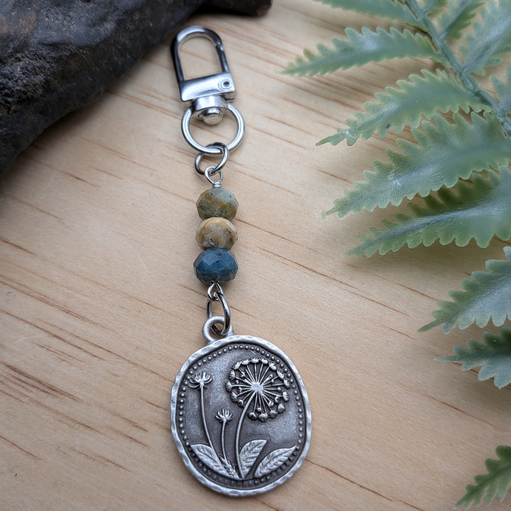Silver Dandelion Charm Keychain with Green Beads / Bag Charm - Women Accessories